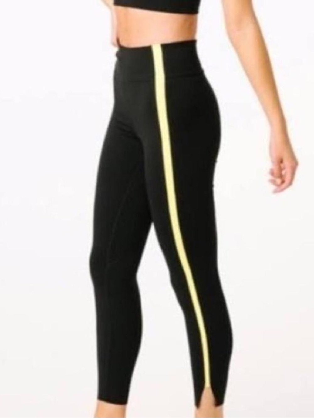 Black Capri Leggings with Neon Yellow Side Stripes